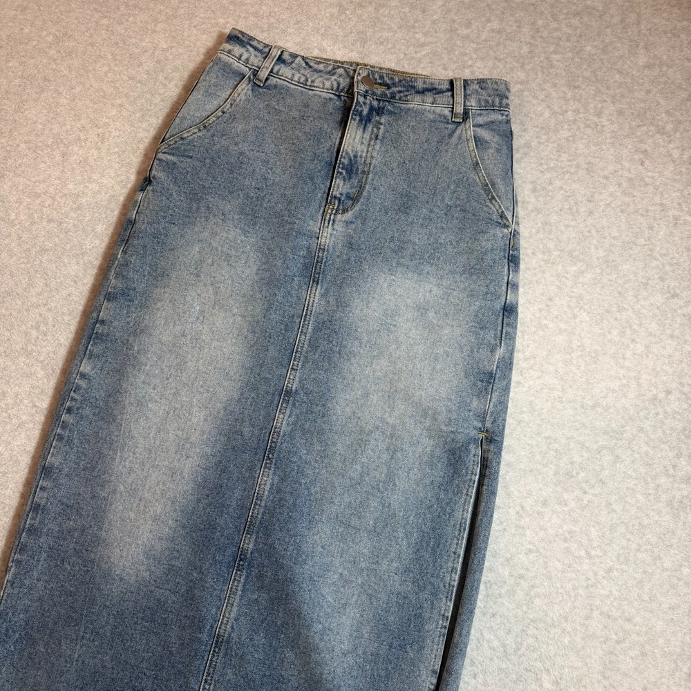 Gracia Womens Small Light Wash Denim Maxi Skirt Stretch Raw Hem Long Western Y2K